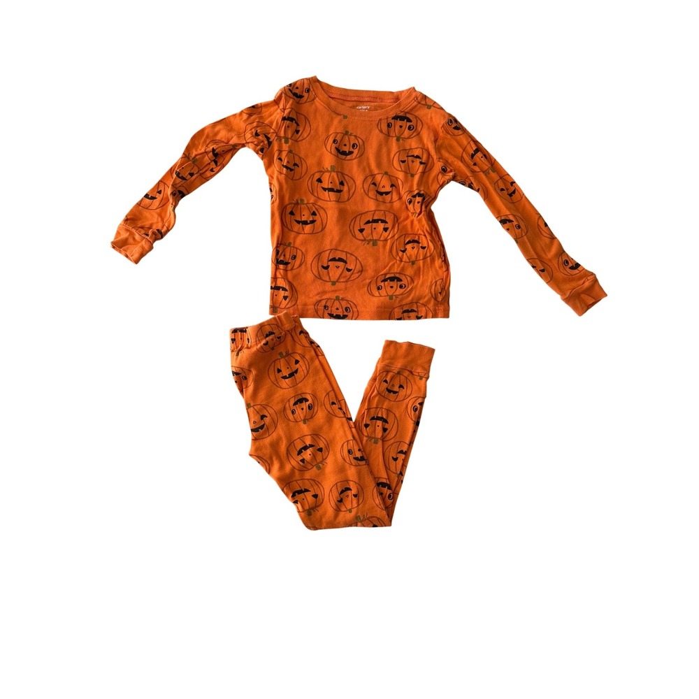 Carters Kids Orange Pumpkin Jack-O-Lantern Halloween Pajama Set Size 6/6A